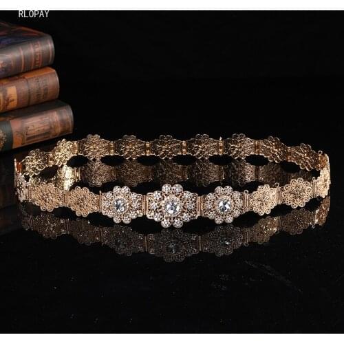 RLOPAY New Caftan Jewelry Belts for Women Morocco Trendy Rhinestone Flower Belt Buckle Long Chain for Gown In Gold