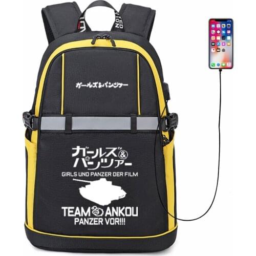 New GIRLS und PANZER Backpack Cosplay Anime USB Bags Man Women Oxford Reflective Stripe Schoolbag Travel Bags