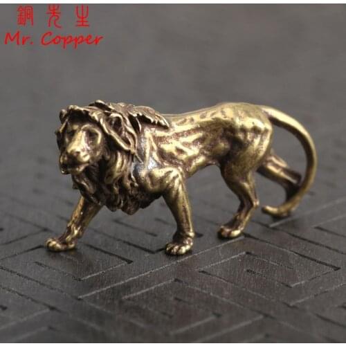 Pure Copper Majestic Lion King Miniatures Figurines Desk Decorations Vintage Brass Mini Animal Statue Home Decor Ornaments Craft