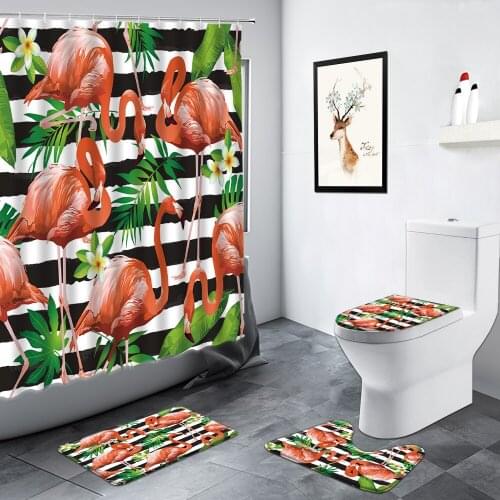 Tropical Animals Flamingo Shower Curtain Black White Stripe Plant Leaves ​Bath Mat Non-slip Foot Mats Toilet Bathroom Decor Set