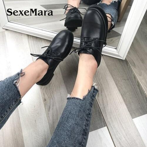 SexeMara Shoes Flat 100% Authentic genuine Leather Plain toe Lace up Ladies Oxfords Shoes Flats Woman Moccasins Female Footwear