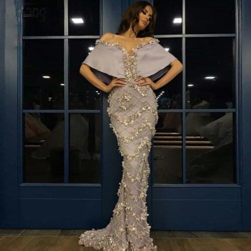 Fashion Off the Shoulder Mermaid Prom Dresses 2020 New Design Arabic Abiye Robe de soiree Appliques Beaded Formal Evening Dress