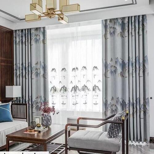 2021 New Custom Landscape Painting Jacquard Curtain Chinese Black-out Curtains for Living Room and Bedroom