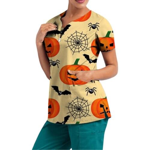 Womens Halloween Print T-shirt Summer Short Sleeve V-neck Pocket Care Workers T-shirt Tops Funny Halloween Nursing T-shirt