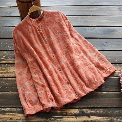 6751 Mori Girl Autumn Women Literary Embroidery Stand Collar Shirt Tops Female Casual Cotton Loose Long Sleeve Blouse Women