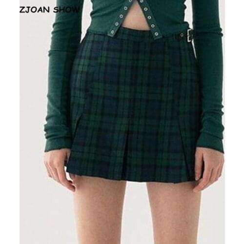 2021 Women Buckle Belt High Waist Check Gingham Plaid Print Mini Pleated Skirt England Vintage Package Hips Zipper Short Skirts