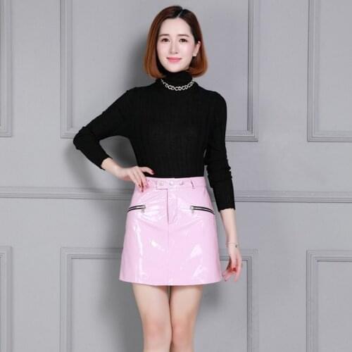 Fashion Bright Patent Leather Natural Leather A-Line Women Skirts Luxury Sheepskin High Waist Plus Size Wear Lower Body Skirts