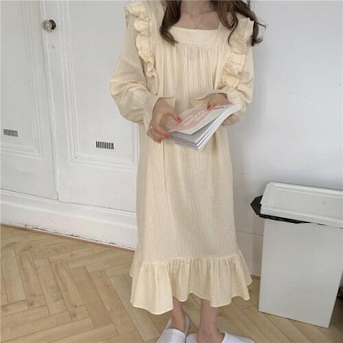 Ruffles Female Yellow Nightdress Nightgown Cotton Sleepwear Nightwear Autumn Lounge Homewear Lingerie Sleepdress Home Clothes