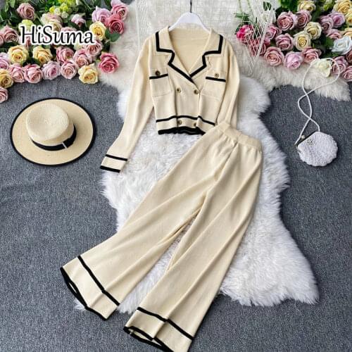 2020 winter new women chic Notched pocket Casual sweater knit cardigan + high waist Wide leg trousers suit female two piece sets