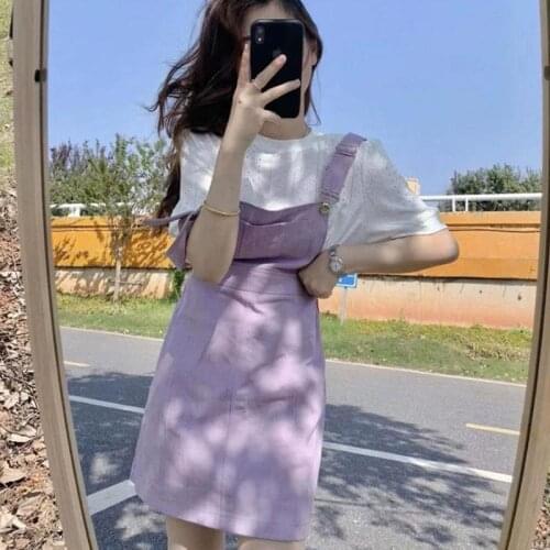Girls Dress Set 2020 Female Skirt Suit French Niche Retro Hepburn Hollow White Top + Purple Strap Dress Summer
