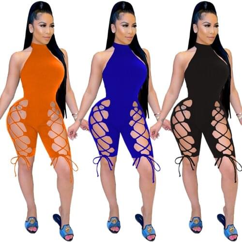 Echoine 2021 Womens Sexy Sleeveless Strapless Hole Out Bandage Summer Beach Party Beach Bodycon Playsuits Short Pant Rompers