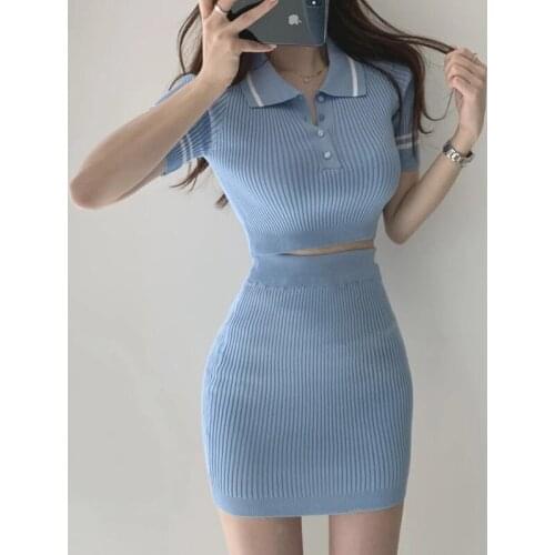 Ice Silk Knitted Two Piece Set Women Summer Laple Buttons T Shirt Crop Top + Bodycon Short Skirt Outfits Female Korean Chic
