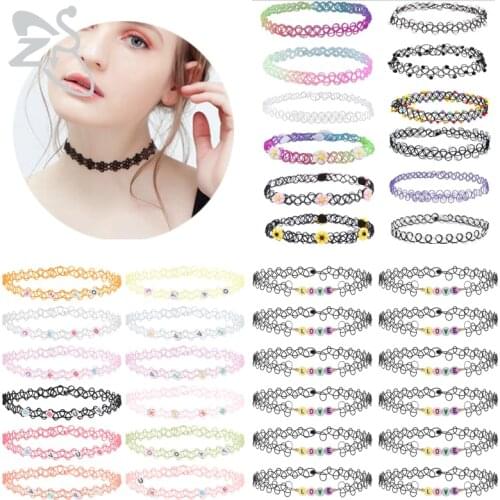 ZS 12pcs/set Mixed Color Tattoo Chocker Necklace for Women Girls Vintage Stretch Elastic Chain Necklace Gothic Punk Necklaces