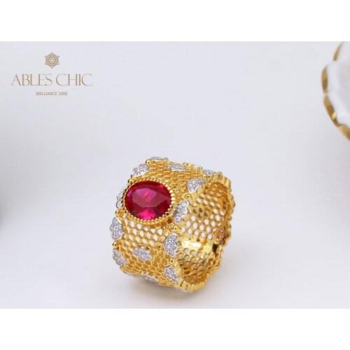 18K Gold Tone Bridal Ruby CZ Renaissance Lacy Rings 925 Silver Floral Stars Zircon Luxury Wide Wedding Band Premium Fine Jewelry