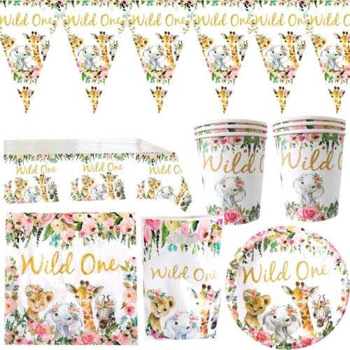 61pcs/lot Happy Birthday Party Wild One Theme Napkins Hanging Banner Cups Plates Tablecloth Decorate Kids Favors Gifts Bags