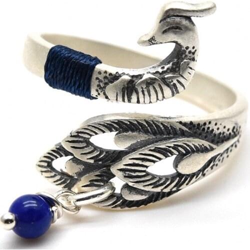 BOCAI S990 Pure Silver rings Antique peacock ring Chinese style national style woven open peacock pure Silver Ring