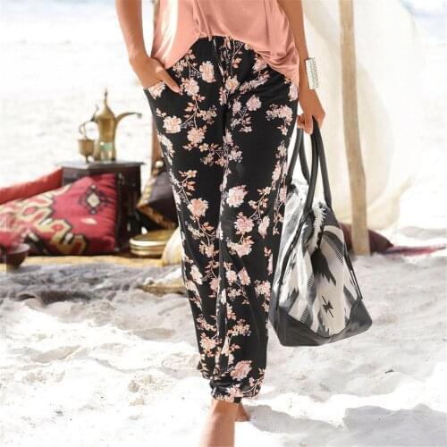 Fashion Women High Waist Pants Floral Printing Easy Trousers Elastic Waist Pants Bohomian Summer Beach Casual Wide Leg Pants