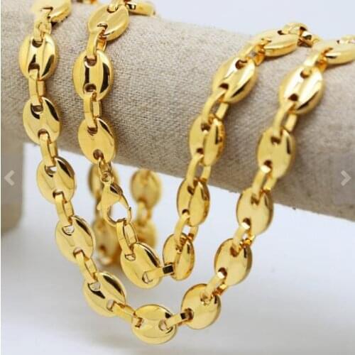GNNAY Gold stainless steel coffee bean Link Chain necklace Smooth Fashion Mens Women Jewelry 9mm 24 inch