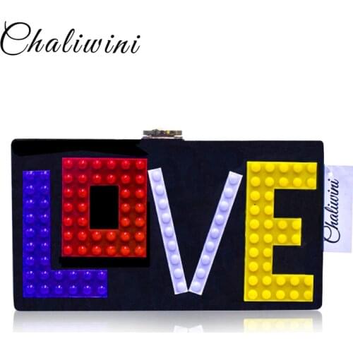 LOVE Letters Black Acrylic Women Evening Clutch Bag Chain Shoulder Handbags Crossbody Hardcase Clutches Wedding Party Prom Purse