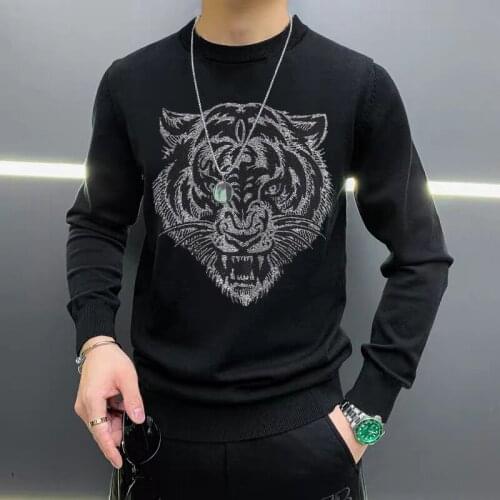 Mens Sweater Long-Sleeved Casual Pullover Knitted Round Neck Luxury Brand Tiger Top Star Black And White M-5xl