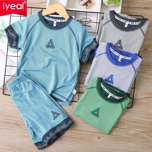 IYEAL Summer Boys' Sports Suit Breathable Mesh Childrens Short Sleeve T Shirts + Shorts Two-Pieces Boy Children Clothing Sets