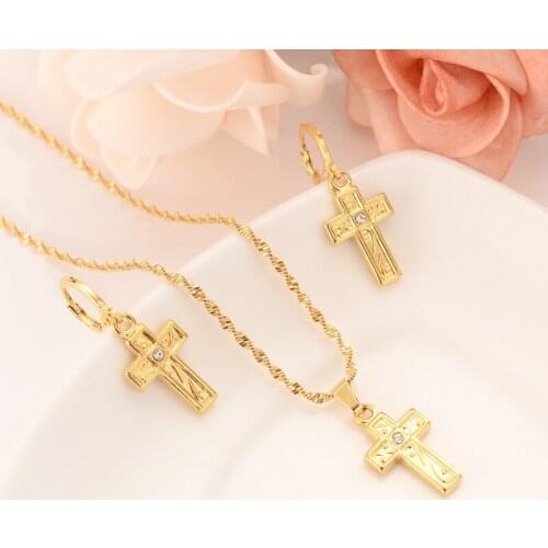 Gold cz cross Pendant Necklace chain Earrings sets Jewelry Gold Christian jewelry sets for women girl Best Jesus Gifts souvenir
