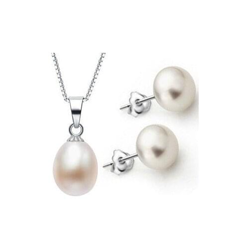 HOT CHEAP SALE Fashion Freshwater Pearl Pendant/Stud Pearl Earrings with Silver Chain Set Jewelry Party Gift