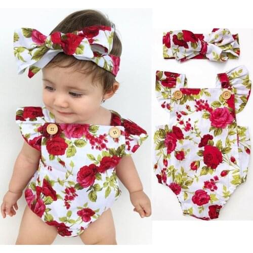 Cute Flower Romper Baby Girls Clothes Romper Jumpsuit + Headband Outfits 2pcs Infant Toddler Newborn Outfits For 0-24Ms Baby