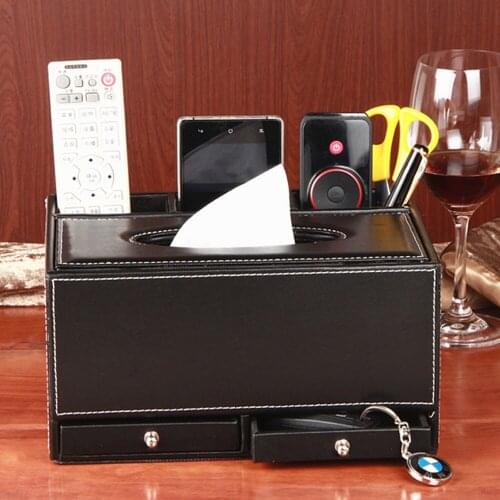 Multifunction Desktop Storage Organizer With Drawer , Leather Tissue Box, Pen Pencil Remote Control Holder Home Desk Organizer