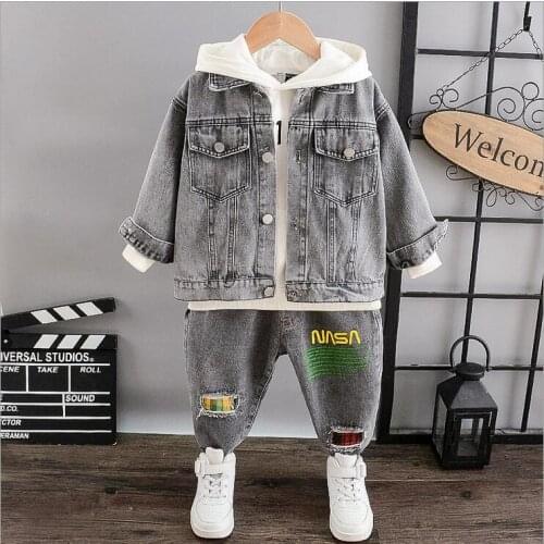 Cool Kids Boys Autumn Clothes Outfit Fashion Denim Jacket +Hoodie +Jeans 3Pcs/Set Children Clothing Suits Kids Tracksuits 2-6Y