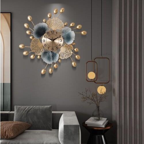 Nordic Luxury Wrought Iron Ginkgo Leaf Wall Clocks Store Hotel Club Wall Mural Decoration Home Livingroom Wall Sticker Ornaments