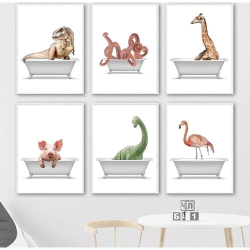 Funny Animals In The Bathtub Poster Dinosaur Giraffe Flamingo Wall Art Canvas Painting Nordic Prints Pictures Kids Room Decor