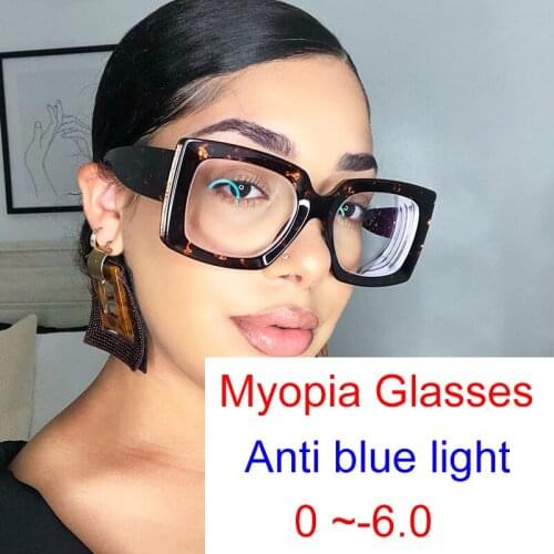 Vintage Oversized Square Myopia Glasses Women Blue Light Blocking Prescription Nearsighted Eyewear ​Computer Transparent Glasses