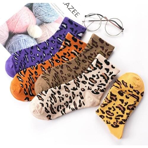Autumn new womens cotton socks Oumeifan personality Leopard socks breathable socks christmas gifts for women 1 pack of 5 pairs