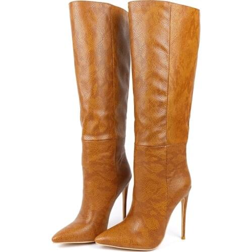 Microfiber Pointed Toe Ultra-High Stiletto Sexy Knee-Length Boots With Lizard Pattern Winter Plush Lining Boots Beige