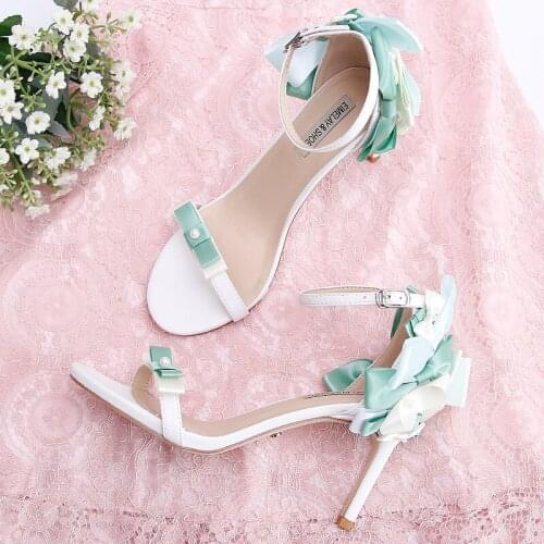 Girls sandals Silk ribbon Horizontal open toed female sandals sweet green bow fairy hollow female shoes forest thin heel