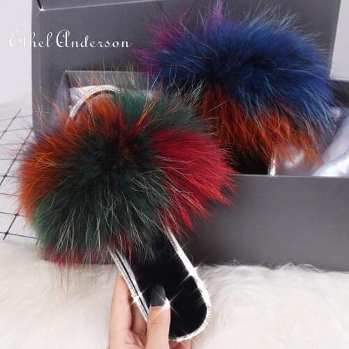 Ethel Anderson fur slides Real Fox Raccon Fur Slippers Glitter Crystal Flat Soft Bling hot fluffy furry plush designer slippers