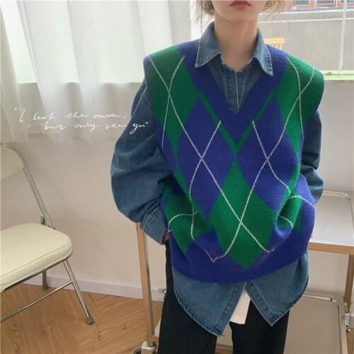Oversized V-neck Vinatge Knitted Vests Casual Geometry Rhombus Pullover Sweater Plus Size Crop Top