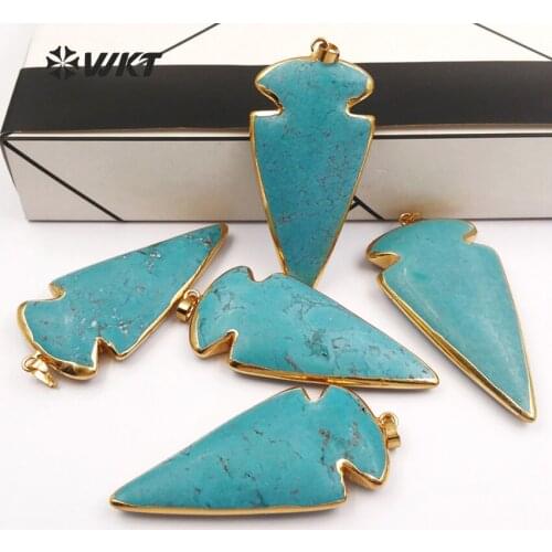 WT-P545 Wholesale Natural howlite spear pendant fashion blue arrowhead howlite pendant with 24K gold trim