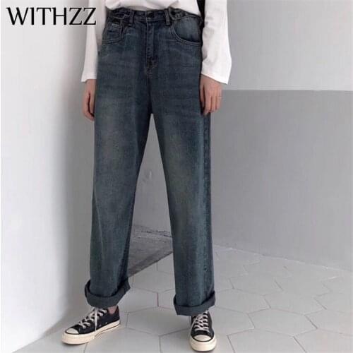 WITHZZ Womens Loose-Fit Vintage High Waist Straight Wide Leg Denim Asian Size Jeans