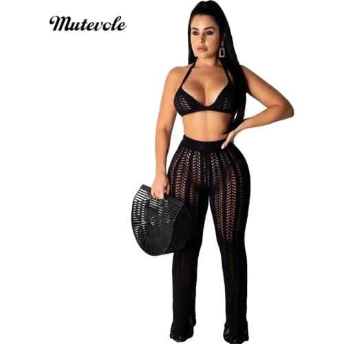 Mutevole Women Summer Beach Sexy 2 Piece Pants Set Hollow Out Two Piece Crochet Set See Through Knitted Crop Top and Trousers