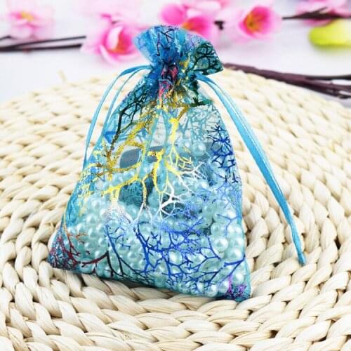 100pcs/lot Drawable GIft Organza Bag 9x12cm Blue Coral Pattern Favor Wedding Christmas Gift Bag Jewelry Packaging Bags & Pouches