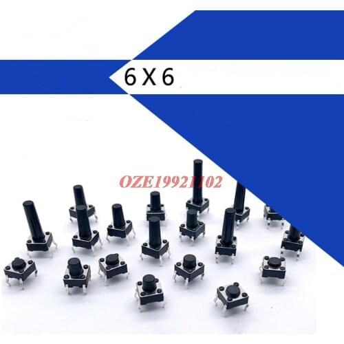 100pcs Tact switch 6 x 6mm Momentary 4 pins Vertical Type DIP SPST Micro Switch 14mm 15mm 16mm 17mm Height