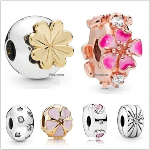 Authentic 925 Sterling Silver Rose Gold Mix Enamel Peach Blossom Clip Stopper Charm Bead Fit Pandora Bracelet & Necklace Jewelry