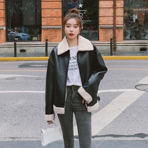 Black Mmotorcycle Suit Bomber Coat Women Leather Jacket 2021 Winter New Lamb Hair Thick Warm Stitching Lapel Loose Handsome