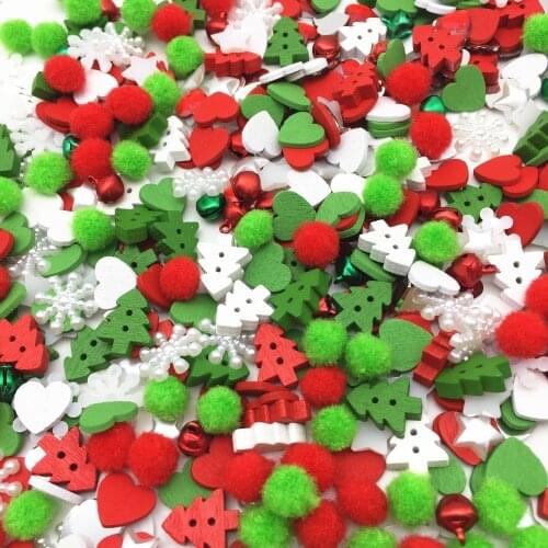 300pcs Christmas Bag of Pom Poms Wood Xmas Tree Buttons Jingle Bells Snowflake Star Pearls Scrapbook Embellishment DIY Crafts