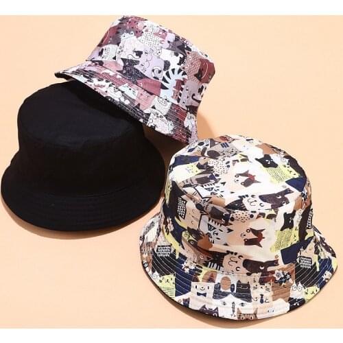 Double-side Cartoon Doodle Cat Couple Bucket Hats Literary Double-faced Sun Hat Black and White Color Panda Animals Bucket Hats