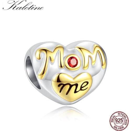 KALETINE Real 925 Sterling Silver Heart Beads For Jewelry Making Letter MOM love Me Fit Bracelet Original Enamel Beads