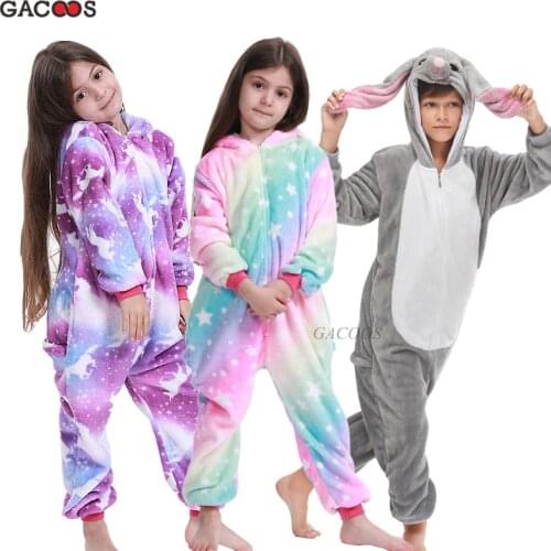 Kigurumi Rabbit Sleepwear for Boys Girls Unicorn Pajamas Flannel Hooded Onesies Unicornio Pijamas Animal Panda Winter Nightwear