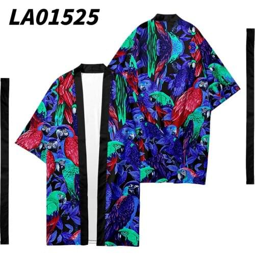 Oversize 6XL Parrot Printed Long Style Japanese Kimono Cardigan With Belt Couple Women Men Casual Asian Clothes Harajuku